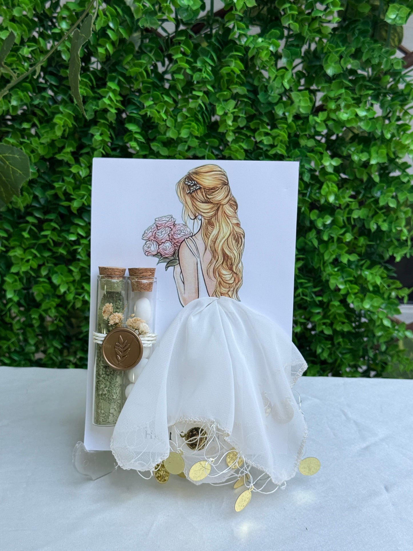 Gastgeschenk Set mit 2 Glasröhrchen (Henna & Mandeln), Siegel und weißem Halay‑Tuch (für 50 Gäste)