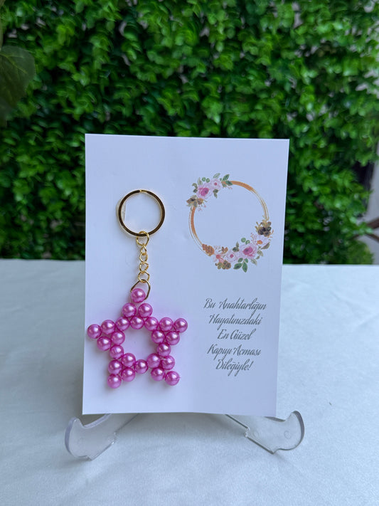 Gastgeschenk Set Rosa Perlenstern Schlüsselanhänger auf Karte für 50 Gäste