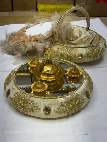 3-teiliges Henna Set mit Tablett, Korb und Braut-Tamburin in Creme Gold