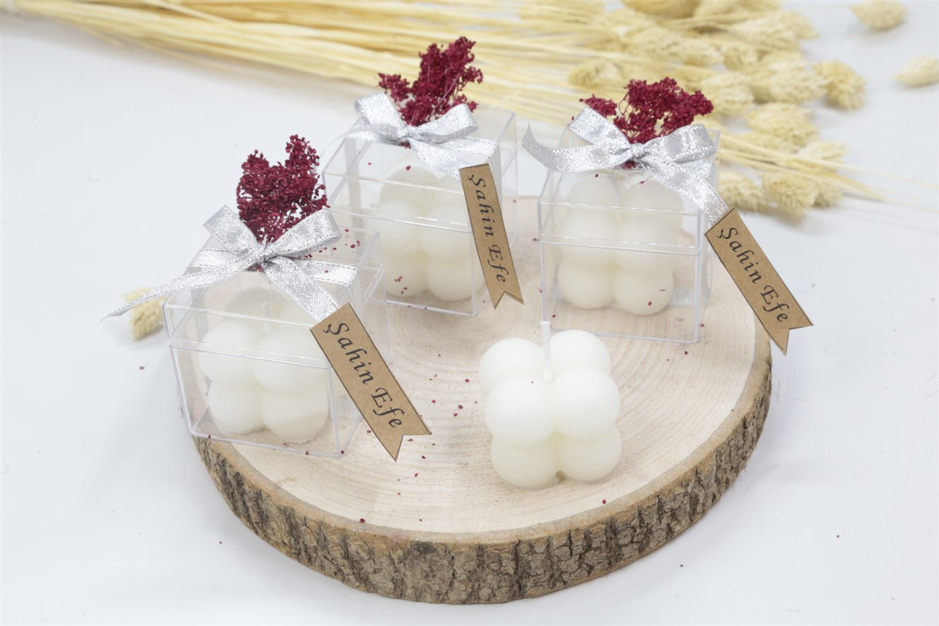 Personalisierte Bubble Kerze in transparenter Geschenkbox mit Silber Schleife