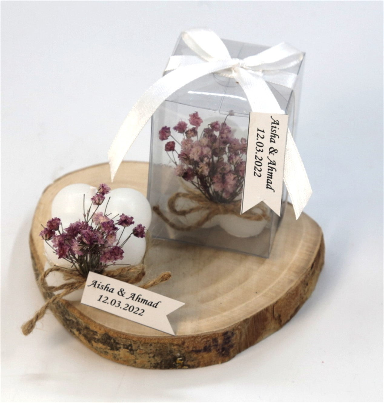 Personalisierte weisse Bubble Kerze mit Geschenkbox und Trockenblumen