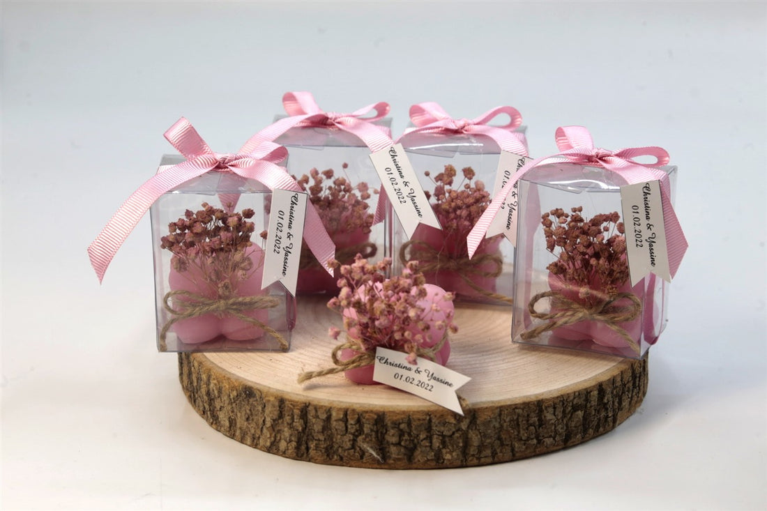 Personalisierte rosa Bubble Kerze mit Geschenkbox und Trockenblumen