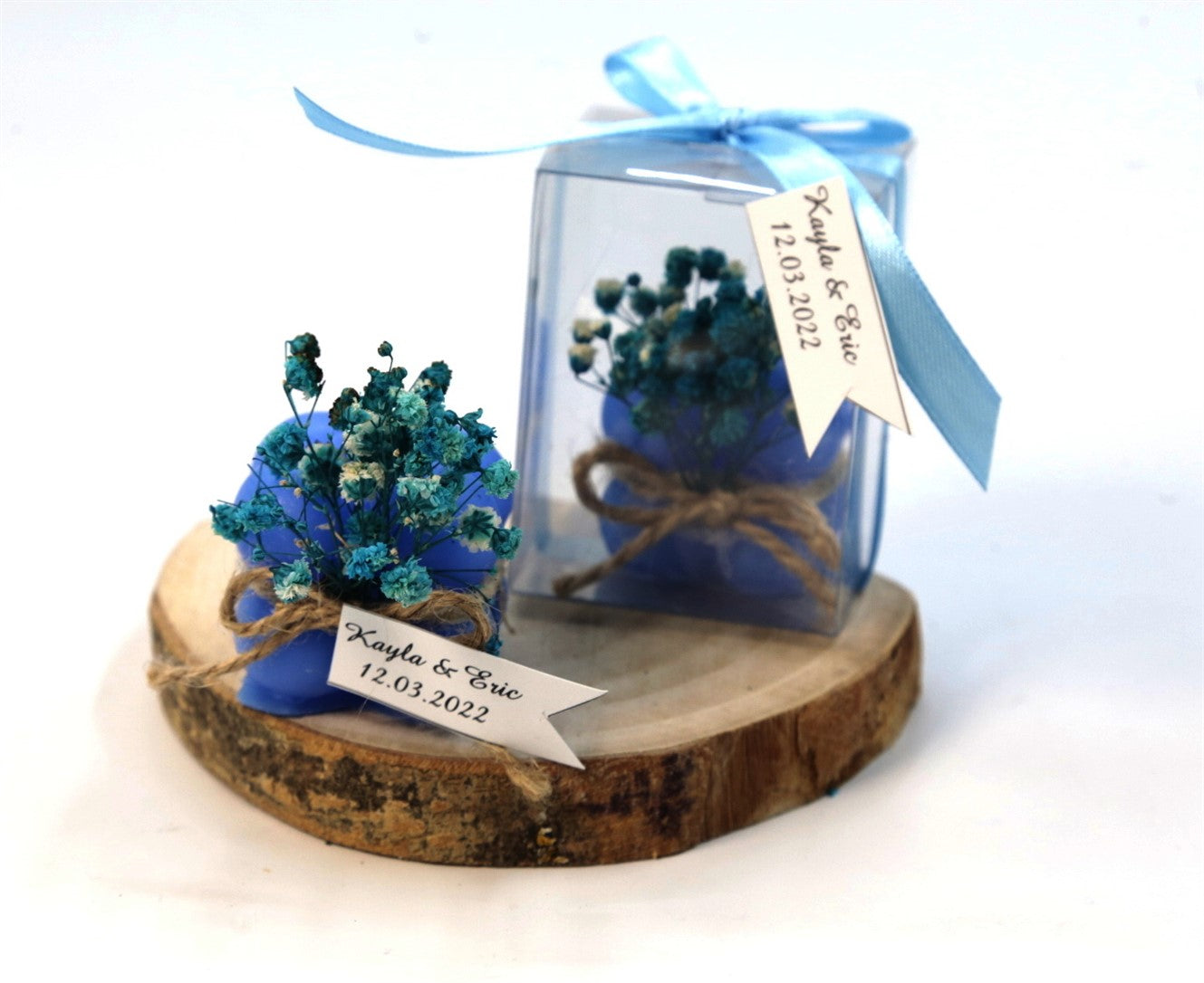 Personalisierte blaue Bubble Kerze mit Geschenkbox und Trockenblumen