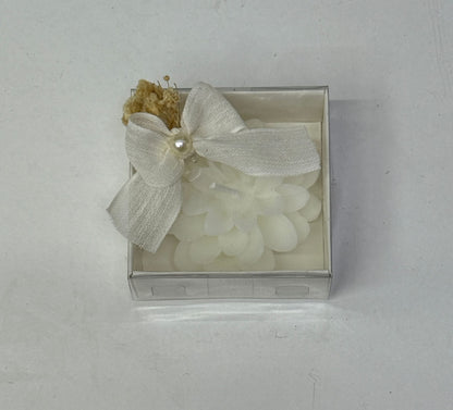 Weiße Blütenkerze in transparenter Box mit Schleife und Trockenblumen