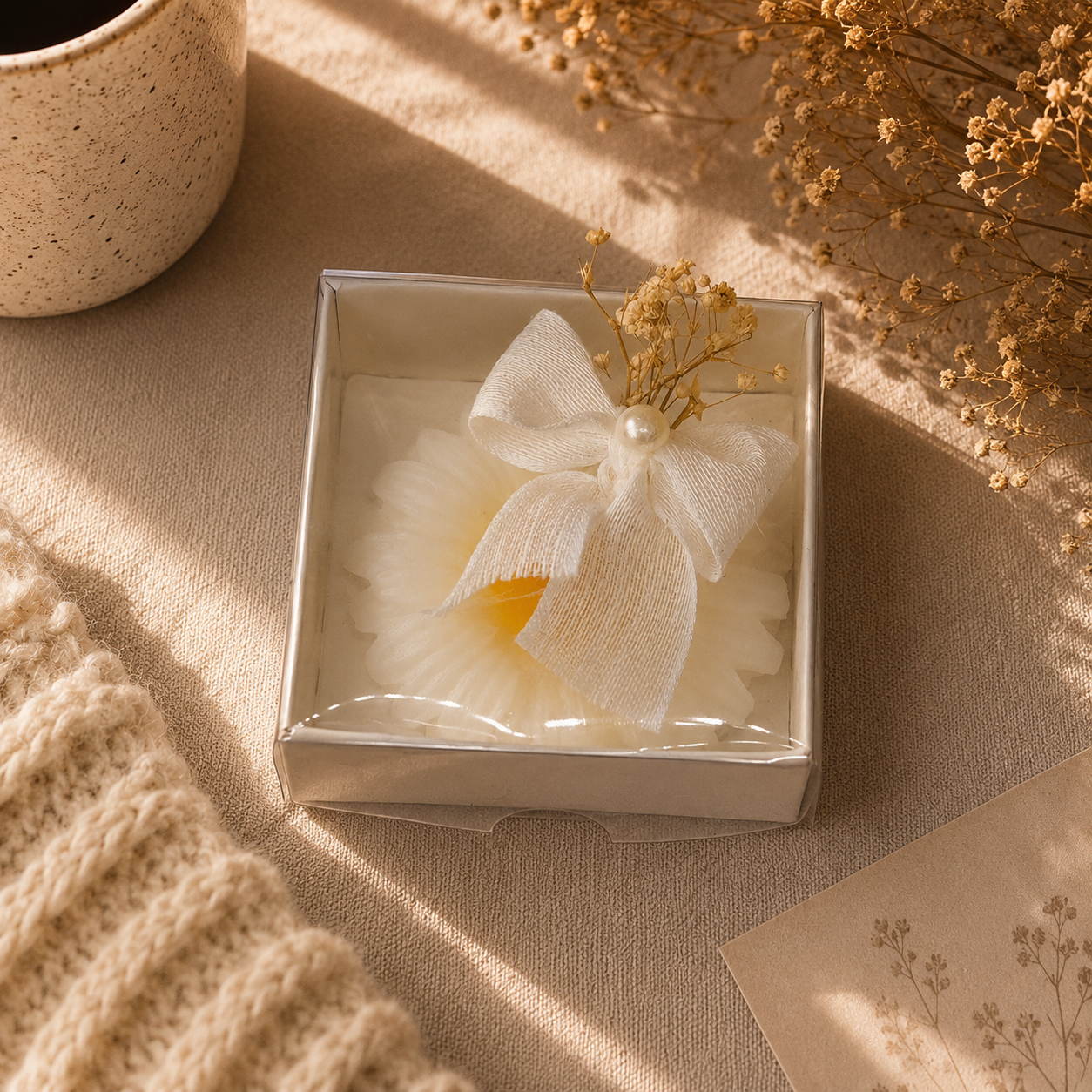 Weiße Blütenkerze in Geschenkbox mit Schleife und Trockenblumen