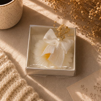 Weiße Blütenkerze in Geschenkbox mit Schleife und Trockenblumen