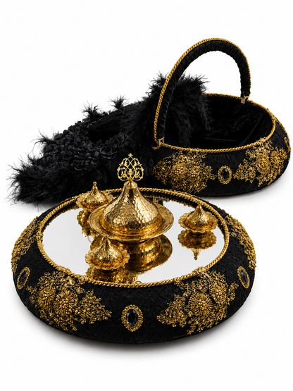 3-teiliges Henna Set mit Tablett, Korb und Braut-Tamburin in Creme Gold