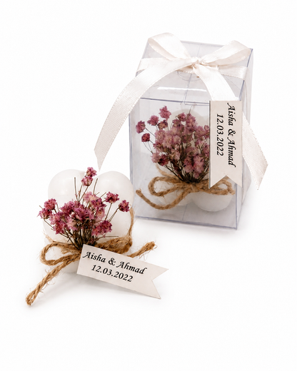 Personalisierte weisse Bubble Kerze mit Geschenkbox und Trockenblumen