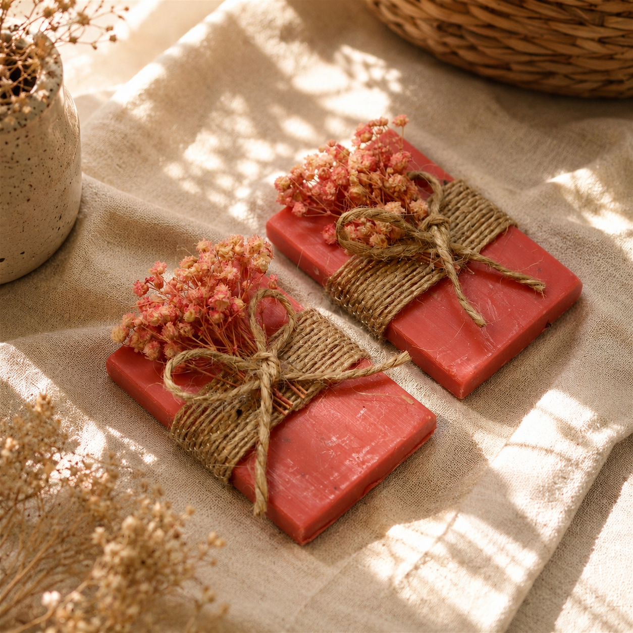Lavendelseife mit Juteband und rosa Trockenblumen