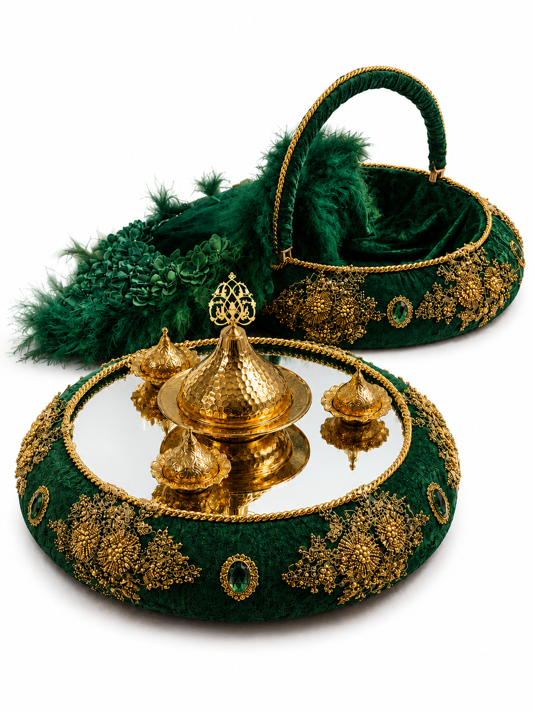 3-teiliges Henna Set mit Tablett, Korb und Braut-Tamburin in Creme Gold