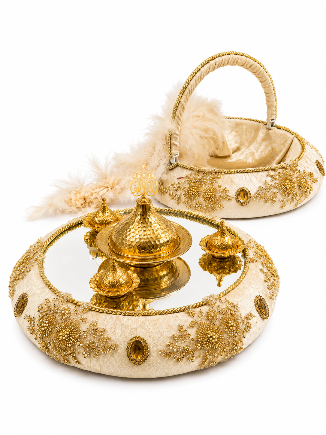 3-teiliges Henna Set mit Tablett, Korb und Braut-Tamburin in Creme Gold