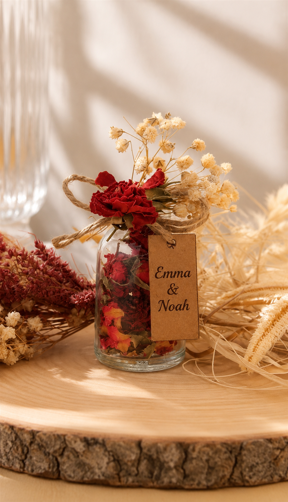 Personalisierte Glasfläschchen mit getrockneten Rosenknospen und Korkverschluss