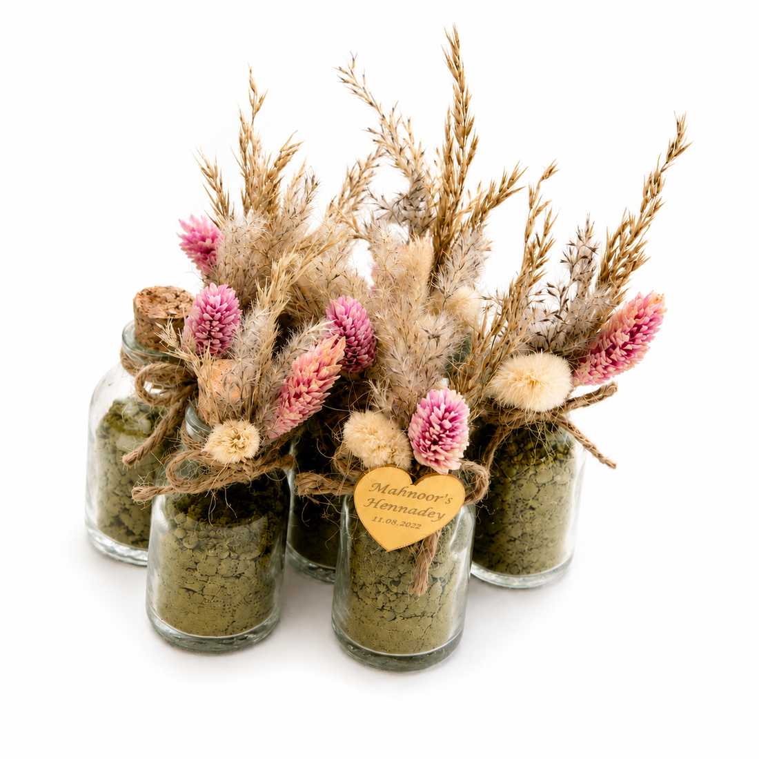 Henna Pulver im Mini Glas mit Trockenblumen und Juteband