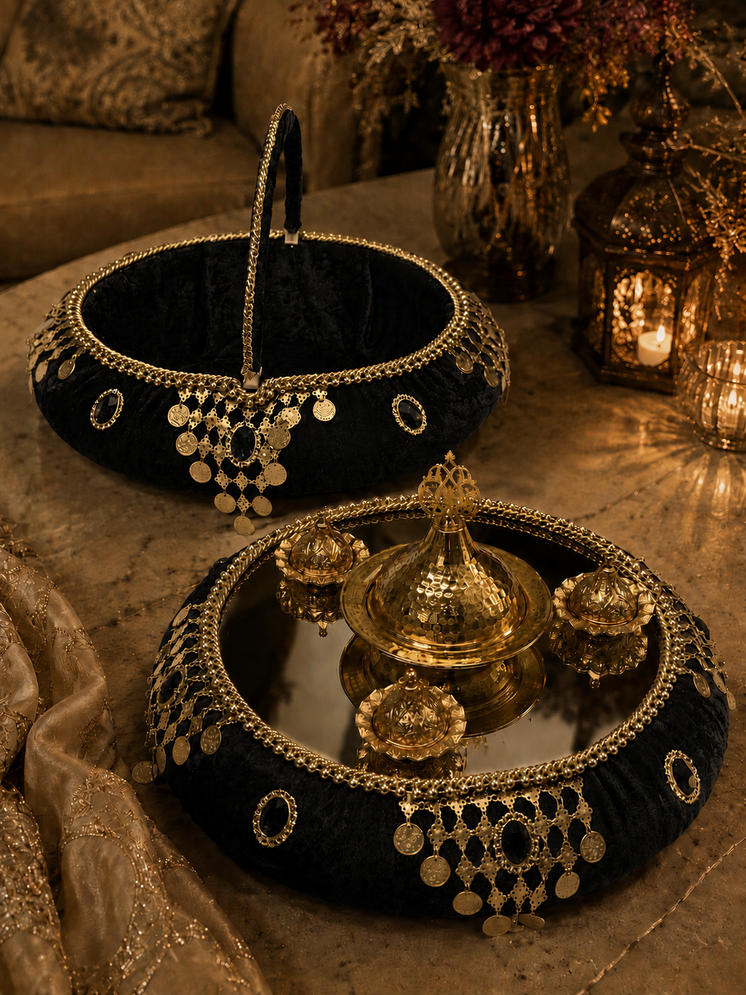 Henna Tablett Set mit Henna Korb in Rot und Gold