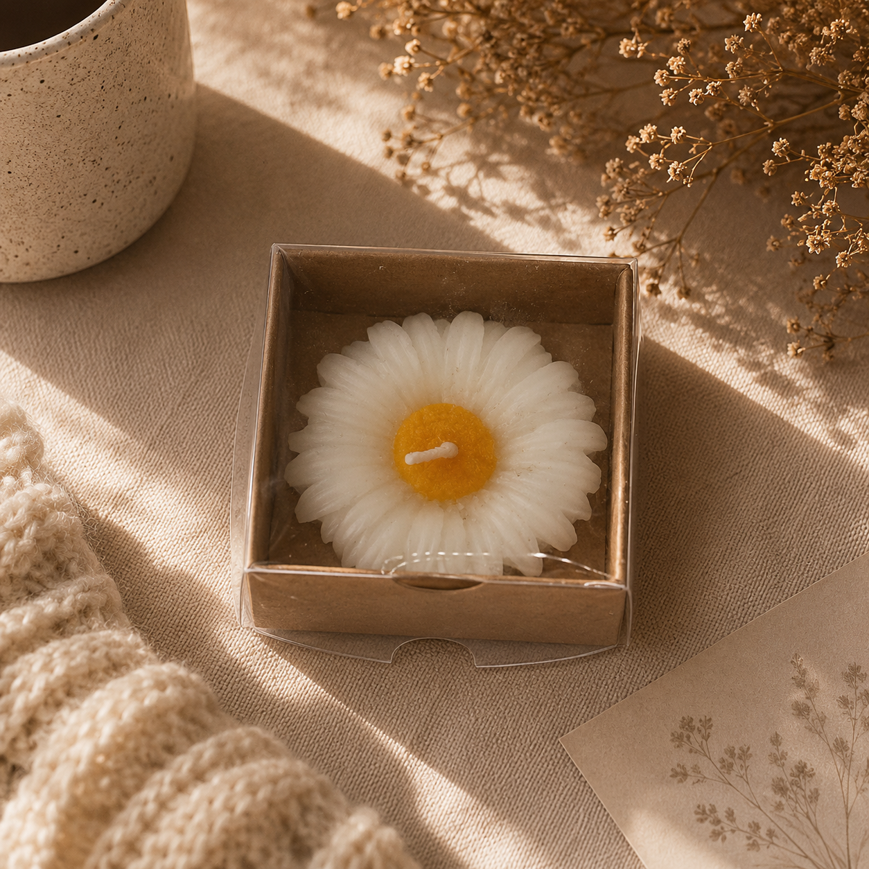 Weiße Gänseblümchen-Kerze in brauner Kraftbox