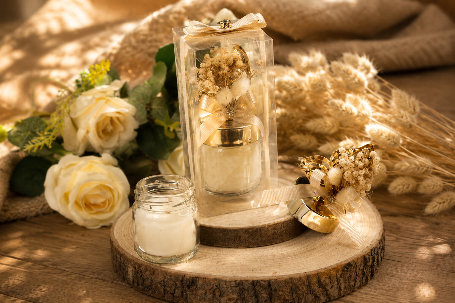 Kerze im Mini Glas mit goldfarbenem Deckel, Trockenblumen und Geschenkbox