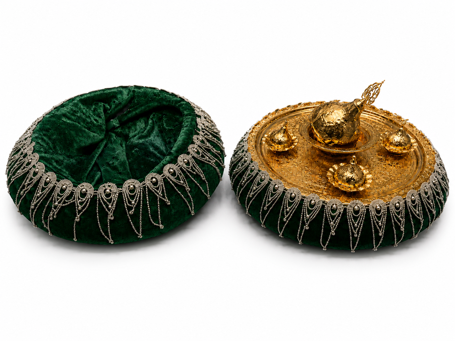 Bordeauxrotes Henna Tablett Set mit Strassbordüre &amp; goldfarbenen Behältern