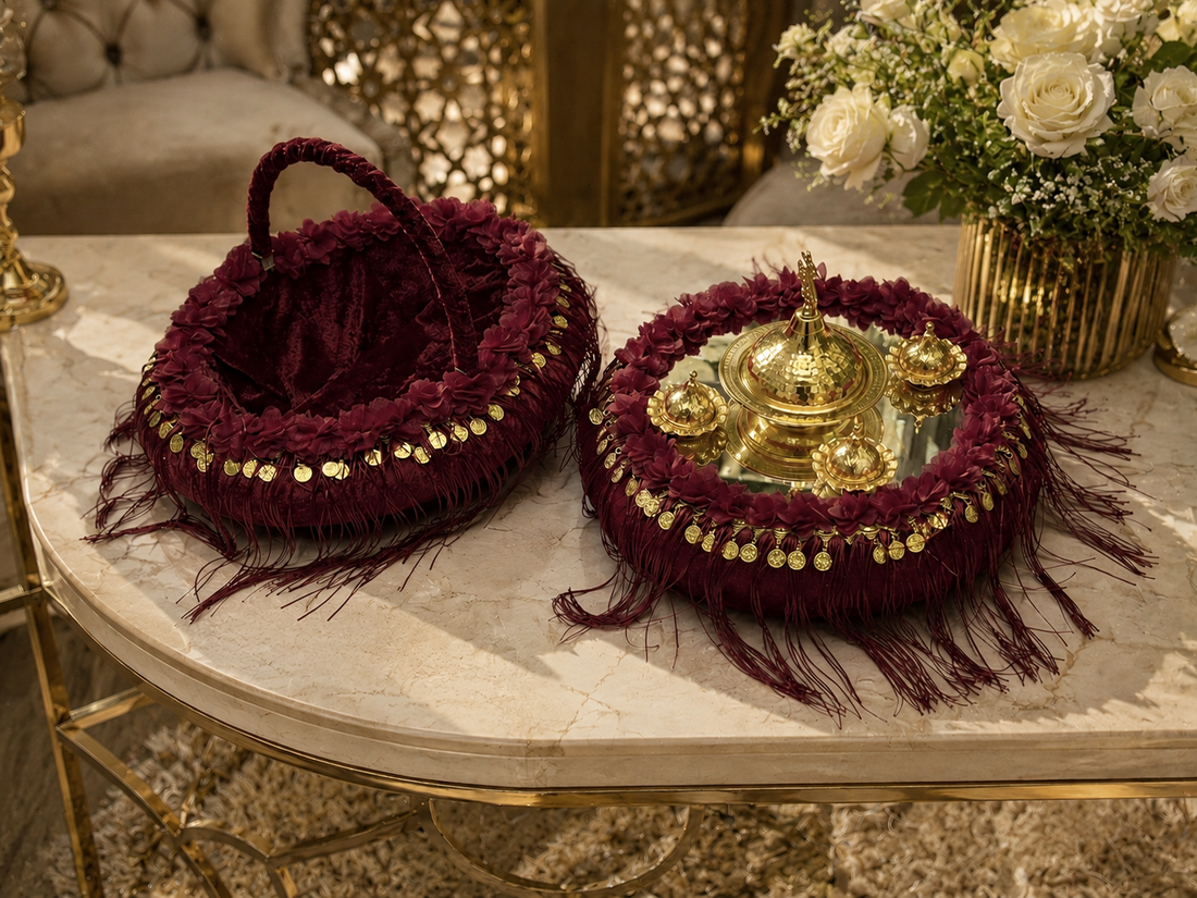 2-teiliges Henna Set mit Korna Tepsi und Henna Korb in Rot Gold
