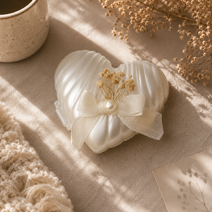 Perlweiße Herzkerze mit Schleife, Perle und Trockenblumen