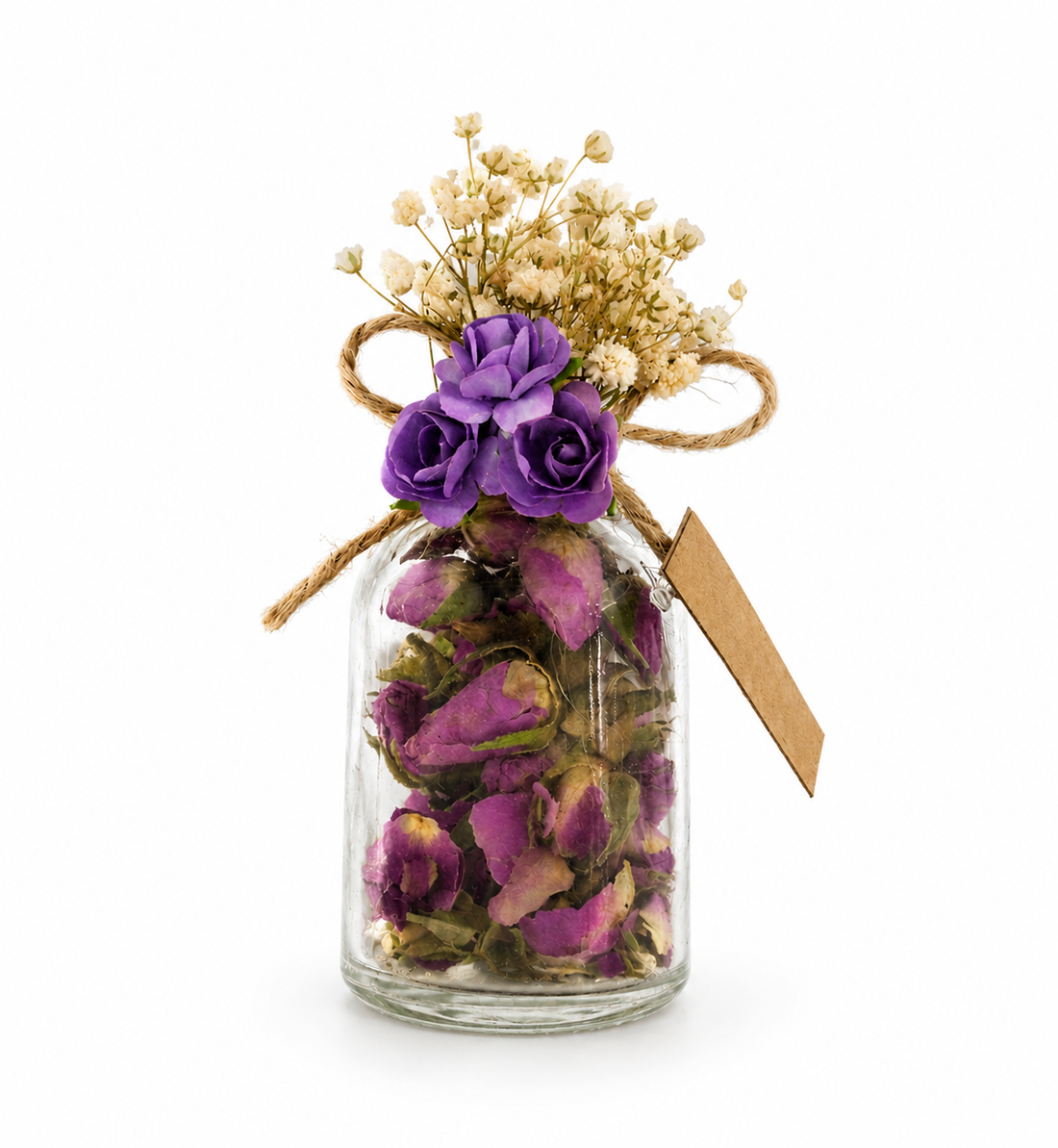 Personalisiertes Mini-Glas mit getrockneten Rosenknospen und lila Blütendekoration