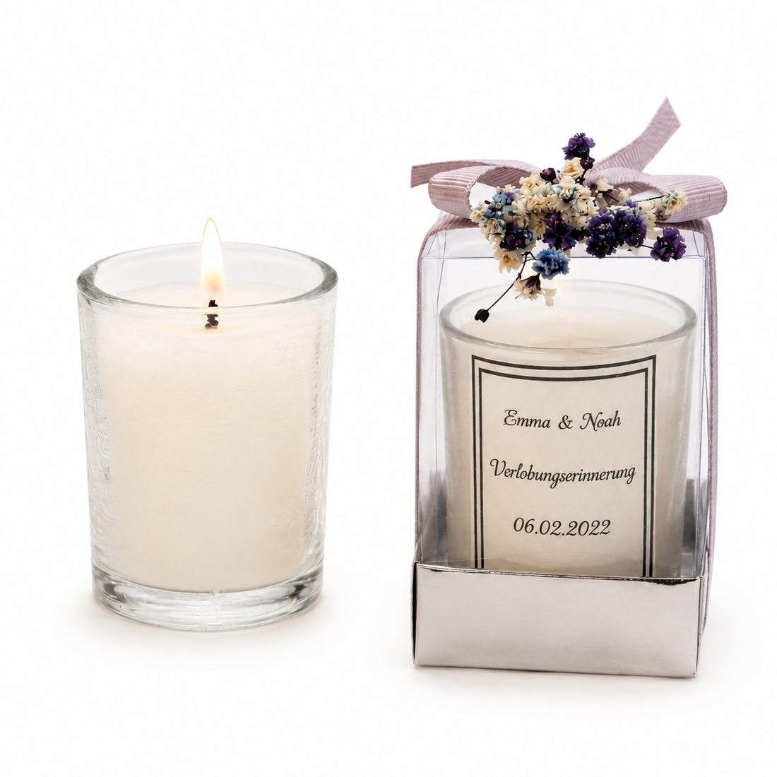 Personalisierte Kerze im Glas mit Geschenkbox und Trockenblumen