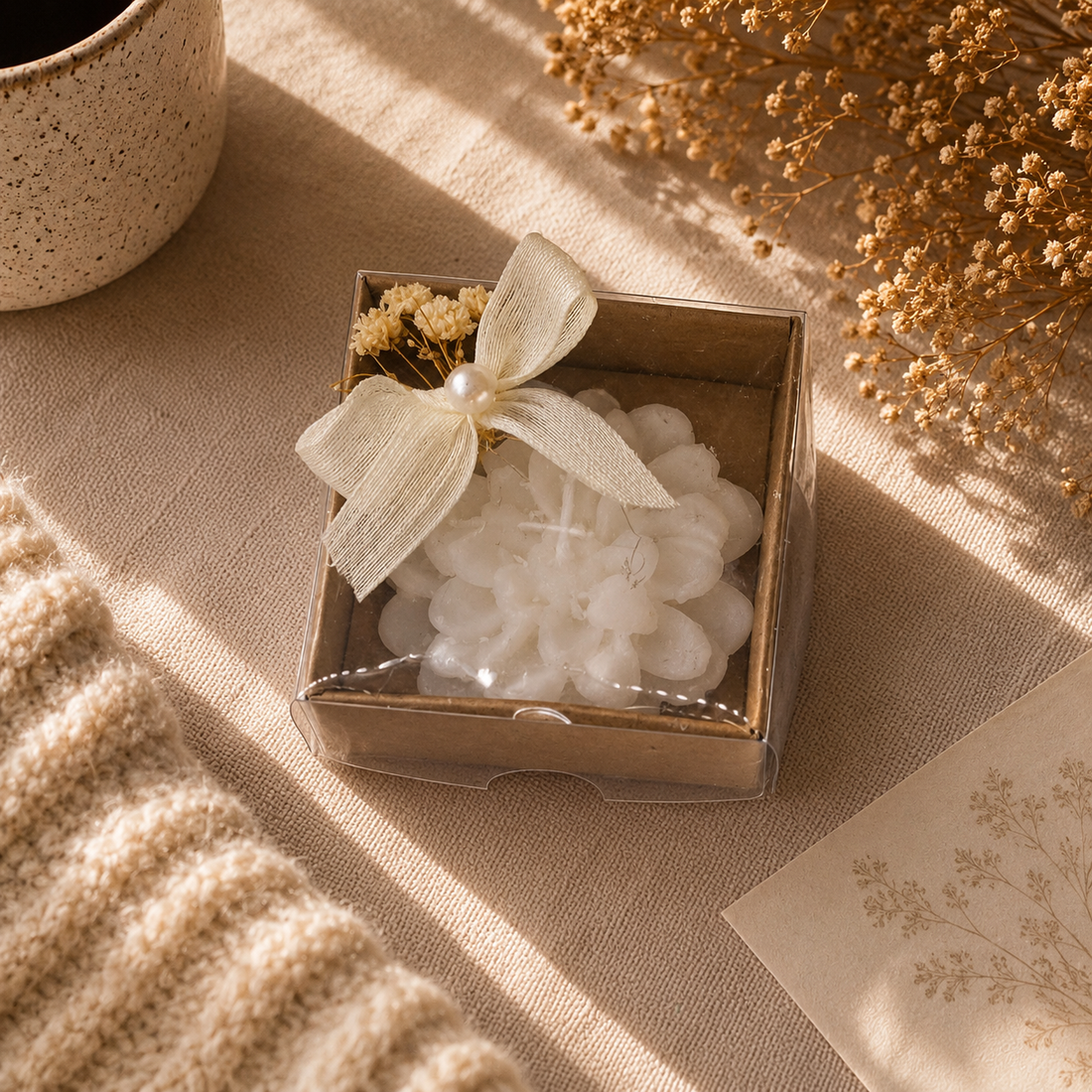Weiße Blütenkerze in brauner Geschenkbox mit Schleife und Trockenblumen
