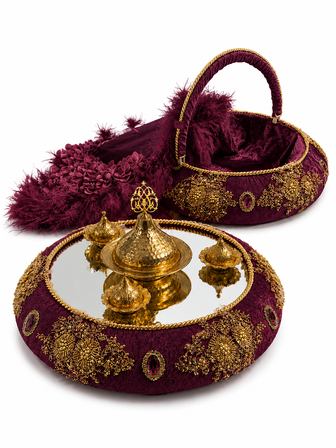 3-teiliges Henna Set mit Tablett, Korb und Braut-Tamburin in Creme Gold