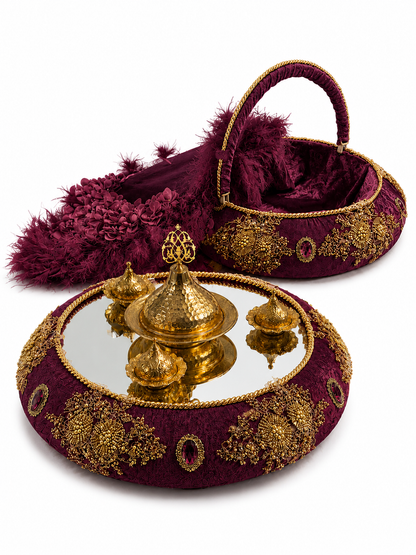 3-teiliges Henna Set mit Tablett, Korb und Braut-Tamburin in Creme Gold