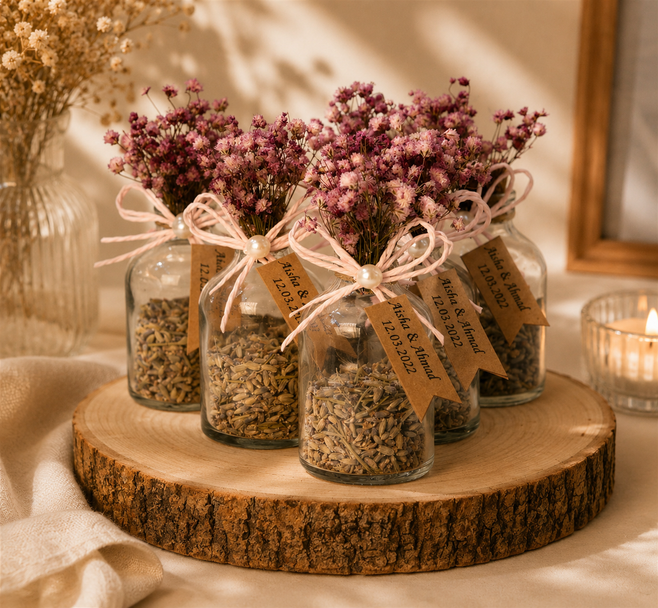 Personalisierte Lavendel-Fläschchen mit lila Trockenblumen und rosa Schleife