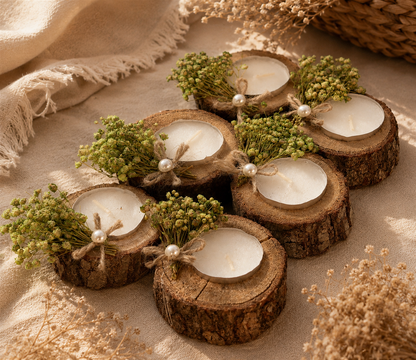 Rustikale Teelichtkerze in Holzscheibe mit grünen Trockenblumen und Perle