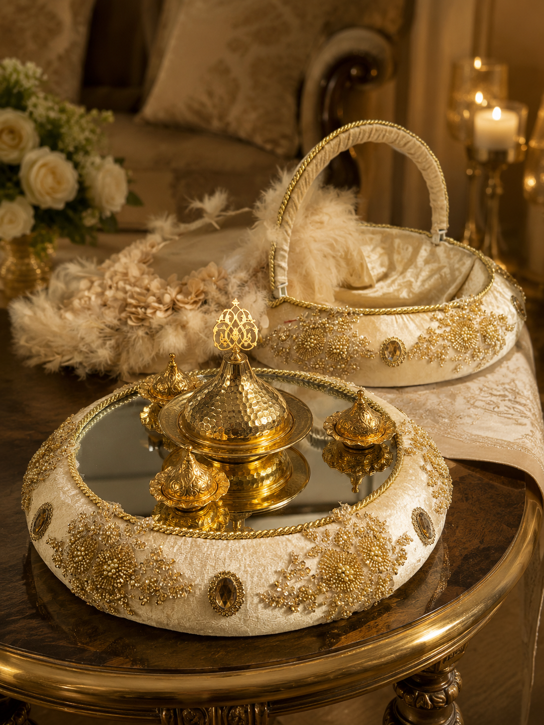 3-teiliges Henna Set mit Tablett, Korb und Braut-Tamburin in Creme Gold