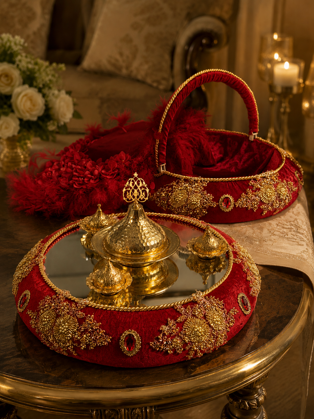 3-teiliges Henna Set mit Tablett, Korb und Braut-Tamburin in Creme Gold