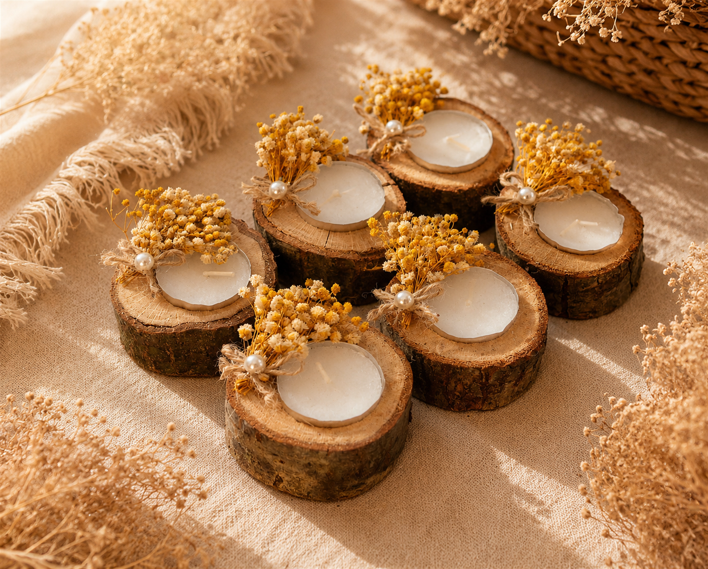 Rustikale Teelichtkerze im Holzstamm mit gelben Trockenblumen und Perle