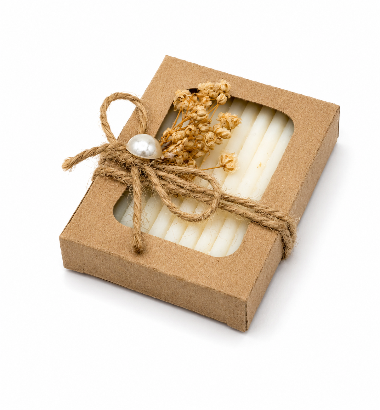 Rechteckige Duftseife in Kraftbox mit Juteband, Perle und Trockenblumen