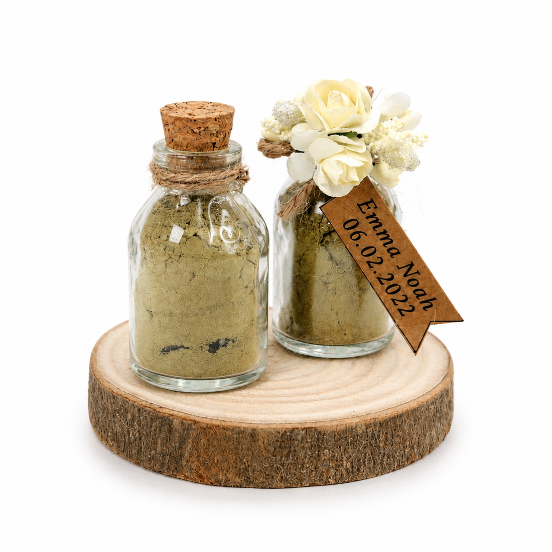 Personalisiertes Henna Pulver im Mini Glas mit Korkdeckel und Blumendeko
