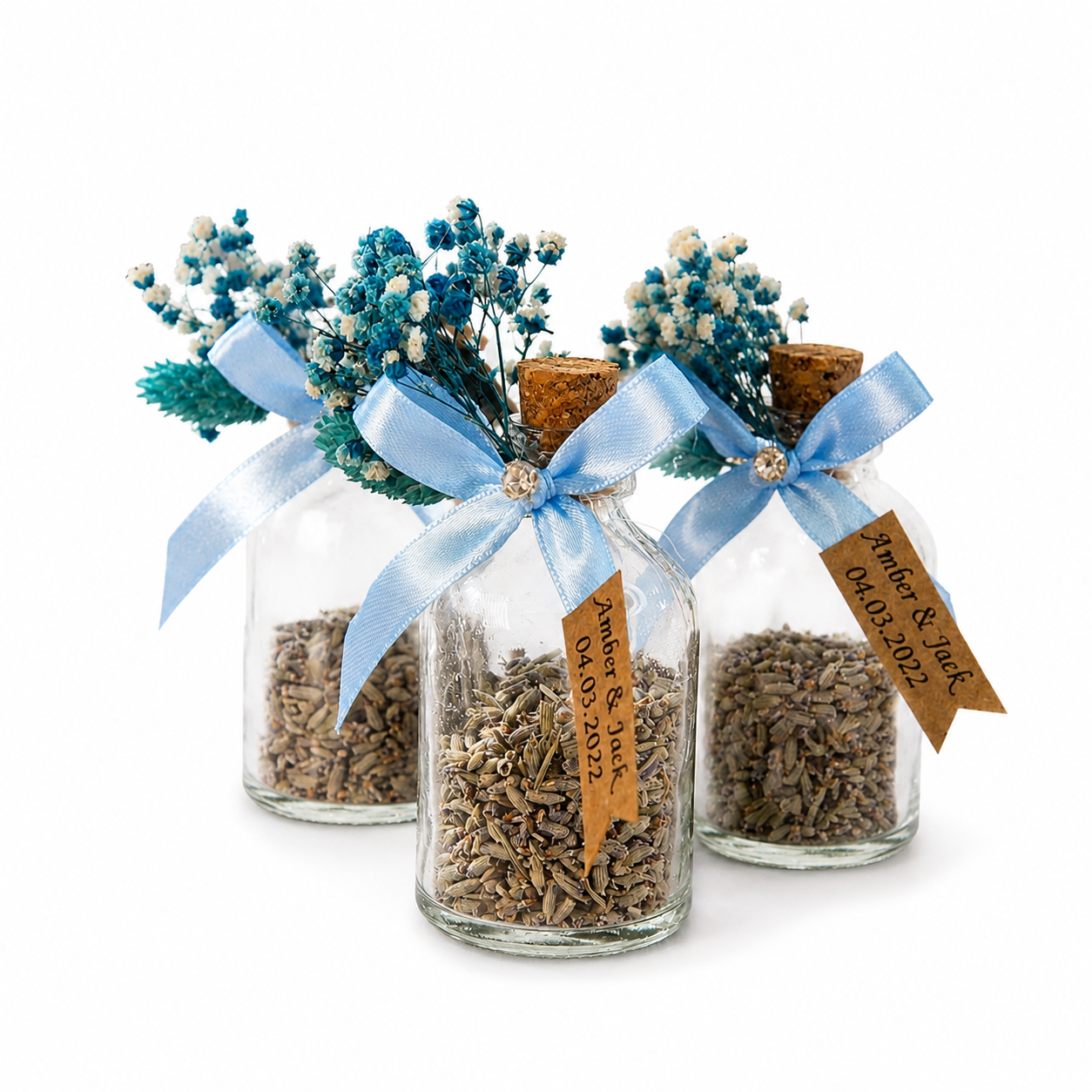 Personalisierte Lavendel-Fläschchen mit blauer Schleife und Namensanhänger