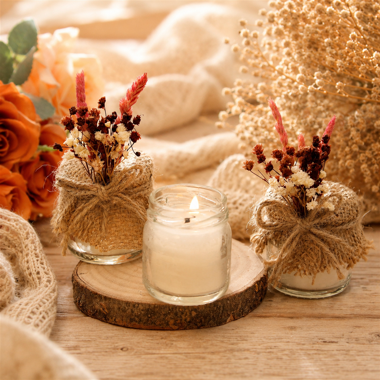 Personalisierte Kerze im Glas mit Jute, Trockenblumen und rustikaler Schleife