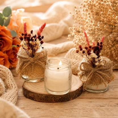 Personalisierte Kerze im Glas mit Jute, Trockenblumen und rustikaler Schleife