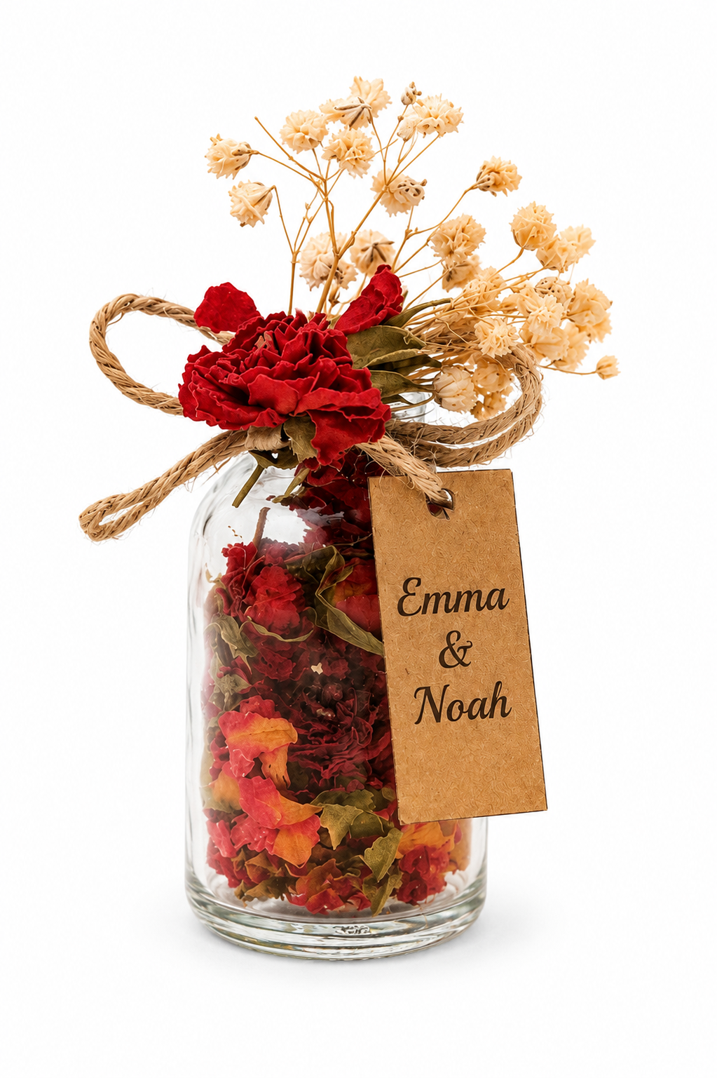 Personalisierte Glasfläschchen mit getrockneten Rosenknospen und Korkverschluss