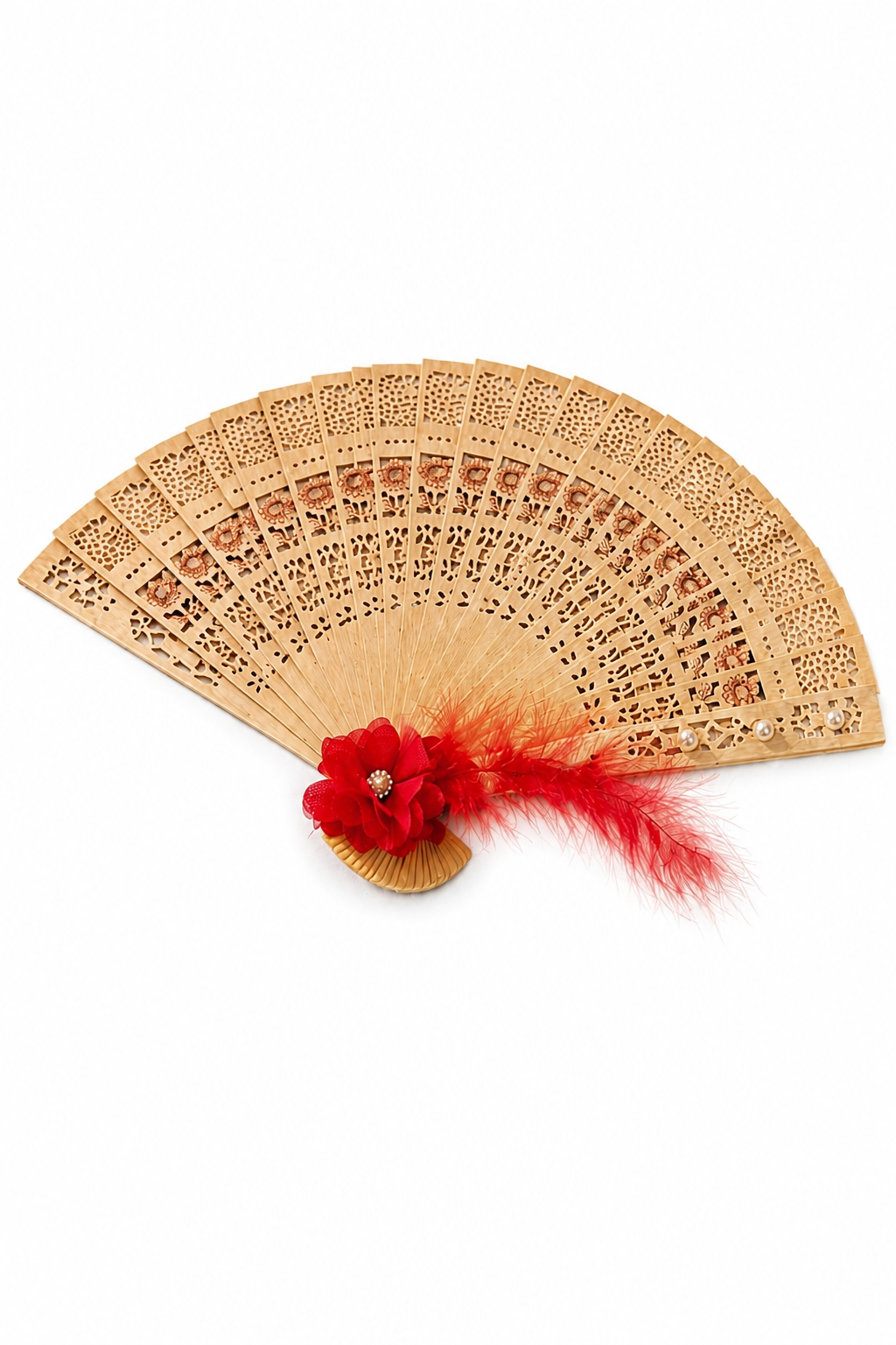 Dekorativer Handfächer aus Holz mit roter Blume, Feder und Perlen