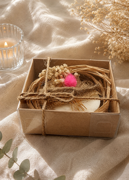 Ovale Lavendelseife in Kraftpapierbox mit Trockenblumen