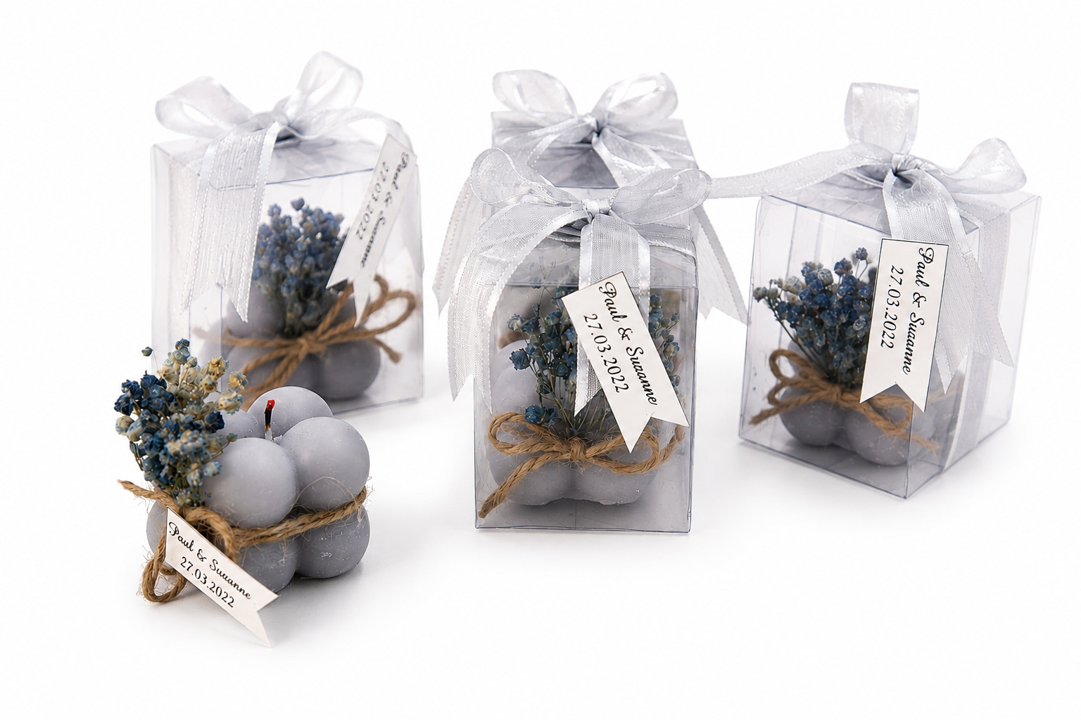 Personalisierte graue Bubble Kerze mit transparenter Geschenkbox und Silber Schleife