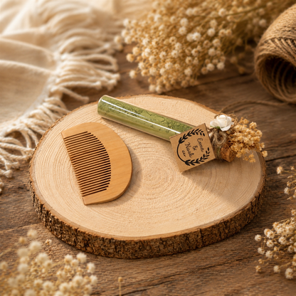 Personalisierter Mini-Holzkamm mit Henna-Glasröhrchen und Trockenblumen