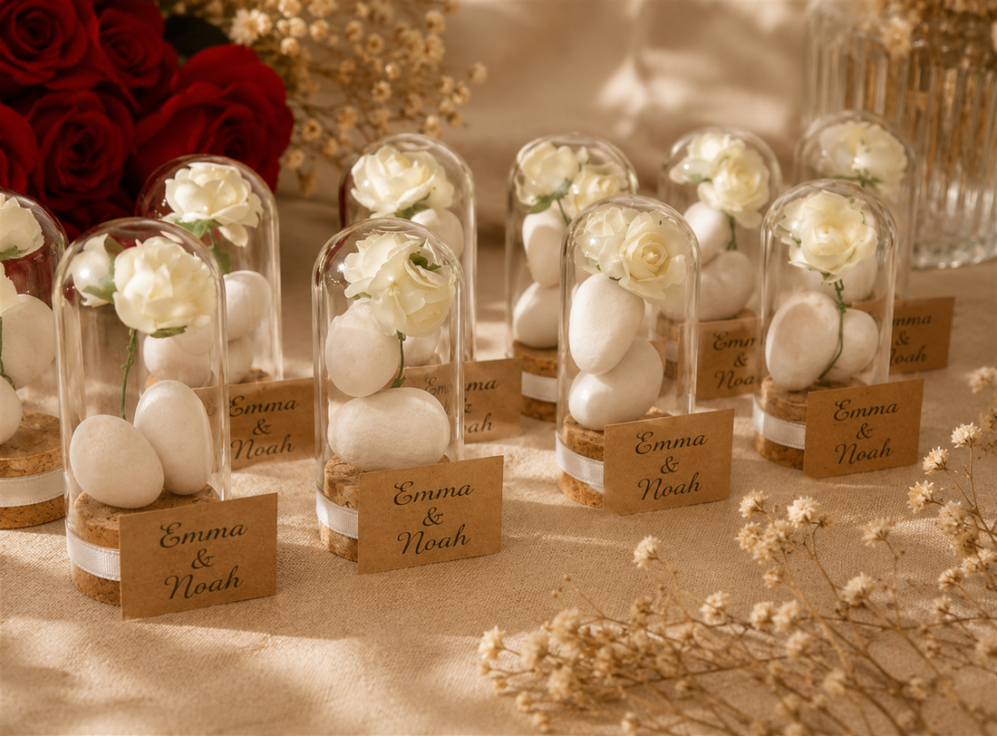 Personalisierte Hochzeitsmandeln im transparenten Mini-Dom mit weißer Rose