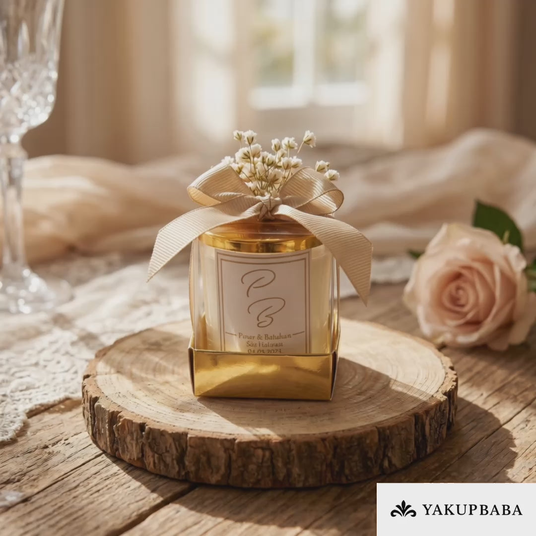 Personalisierte Kerze im Glas mit Goldbox, Schleife &amp; Trockenblumen