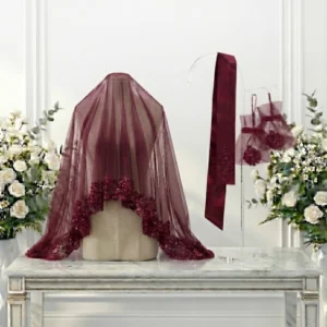 Taş İşlemeli Saten Kuşak ve Tül Duvak Seti